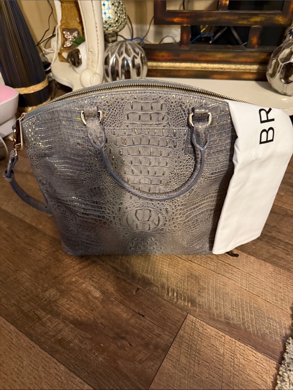 Brahmin Gray Croc-Embossed Dome Satchel with Shoulder Strap